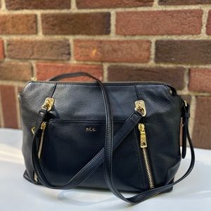Lauren Ralph Lauren Black Leather Zip Satchel with Gold Accents